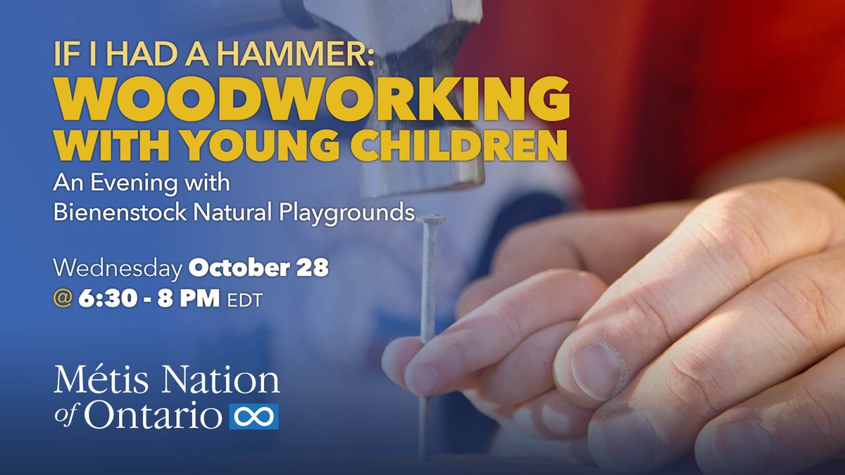 MetisNationON's tweet photo. Woodworking can help children build creativity, confidence, problem-solving skills through hands-on learning. Join the MNO ELCC team on Oct. 28 from 6:30 to 8 p.m. EST to explore safe, practical woodworking in early learning settings.

Register: https://t.co/iuWWPF6BSw https://t.co/Pk76d0pe5b