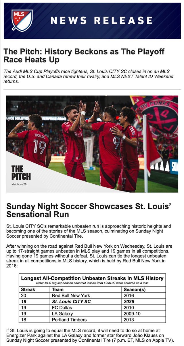 JenSiessOnAir's tweet photo. Sunday Night Soccer will feature @stlCITYsc hosting the @LAGalaxy at @Energizer_Park ⚽️
We'll have a 5:30pm pregame show on @Y98 as #AllForCITY could tie the longest unbeaten streak in all competitions in @MLS history 🙌 https://t.co/S2NQ9hq9fR