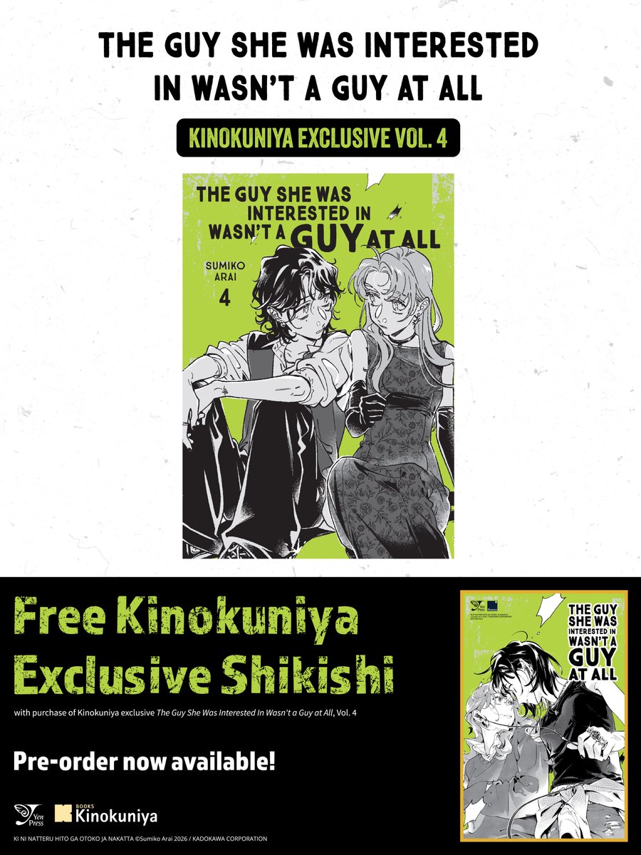 KinokuniyaUSA's tweet photo. Introducing a new Kinokuniya exclusive cover with @yenpress! 💚🎧🎸 @agu_knzm 

The award-winning girls love series The Guy She Was Interested in Wasn’t a Guy at All returns with Vol. 4 in English, featuring a special Kinokuniya Exclusive cover with bonus shikishi art board!

Follow Aya and Mitsuki as their shared love of music brings them closer in this stylish and heartwarming romance. Winner of the 2023 Next Manga Award and 2025 American Manga Award, the series is also getting an anime adaptation!

Available October 27, 2026, in-store and online, while supplies last.

Pre-order now:
https://t.co/qHDEI5laho
