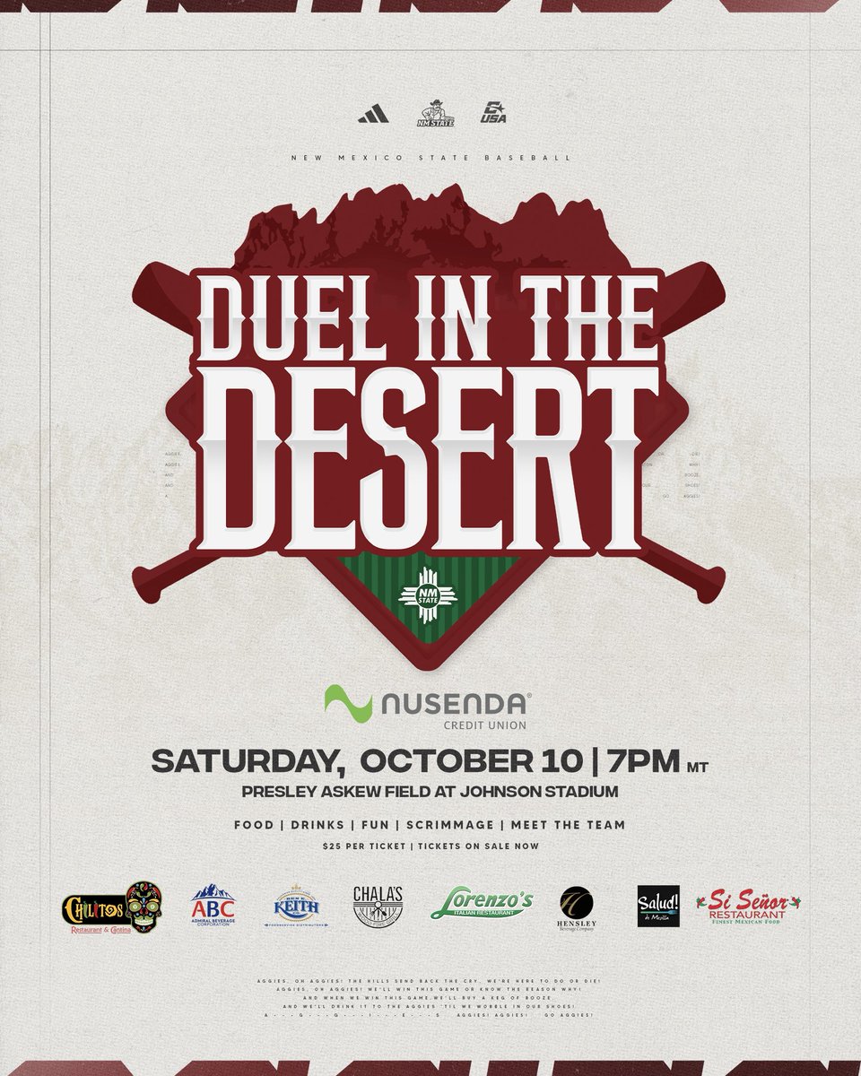 NMStateBaseball's tweet photo. Officially Duel in the Desert week!👊

Make sure to get your tickets before they run out!👇

🗓️ Saturday, October 10
🎟️ https://t.co/gvtKGNhHra

#AggieUp https://t.co/M8U5yZbDi8