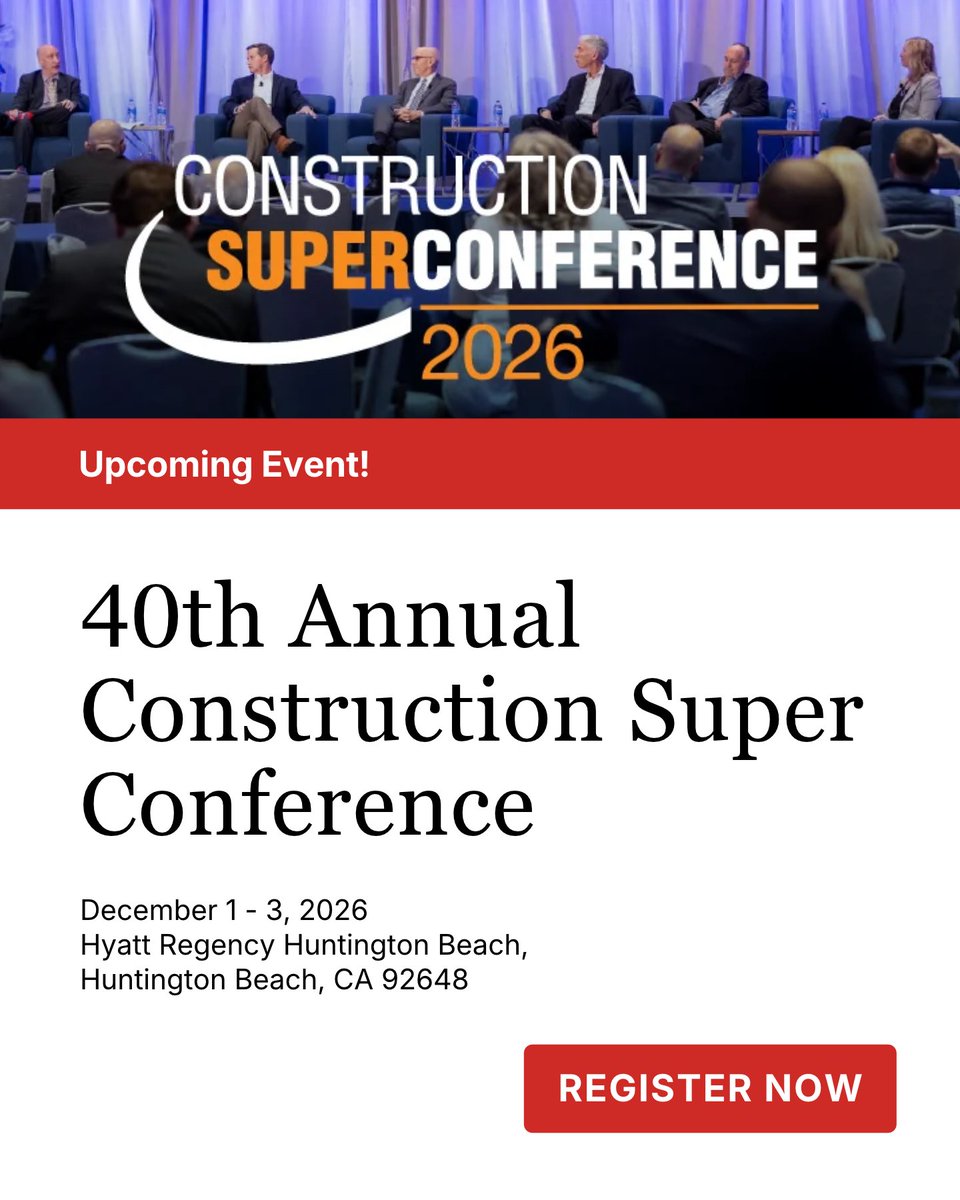 ADRorg's tweet photo. What makes the 40th annual Construction Super Conference different?

This dynamic conference was developed for mid- to senior-level professionals to discuss timely issues in the legal, business, and economic realms of today’s construction industry.

In December, join global legal and construction professionals in Huntington Beach, California, for a three-day program filled with expert industry insights, panel discussions, and networking opportunities. 

The AAA is excited to co-sponsor this year's edition of the Construction Super Conference. 

Reserve your spot today: https://t.co/0g58S8jDNS

Michael Powell Rod Toben Michael Marra Iman Hyder-Eliz Jacqueline Vega Cintron Rick Zieglowsky Joe Valenzuela, Esq. Kate Raum Andrew Barton 

#ConstructionSuperConference2026 #ConstructionDisputes #ConstructionArbitration #ConstructionMediation