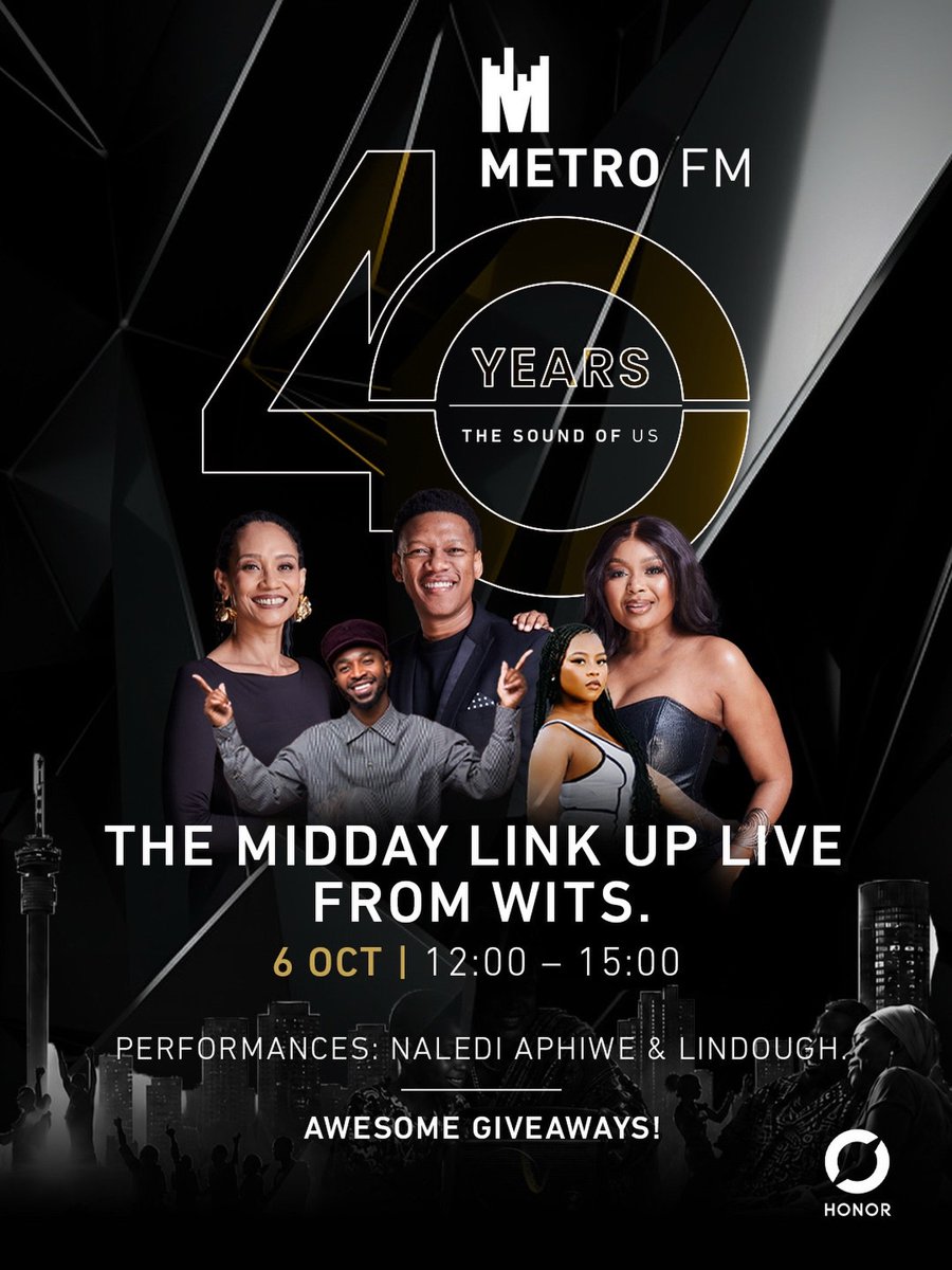 ProVerbMusic's tweet photo. Catch #TheMiddayLinkUp LIVE from Wits tomorrow! 6th October 2026, 12 to 3pm

Live performances by Naledi Aphiwe &amp; Lindough plus Awesome giveaways up for grabs!

@metrofmsa #metrofm40  
#TheSoundOfUs @vow_881 @honorza https://t.co/Xt0B0Zp8yG