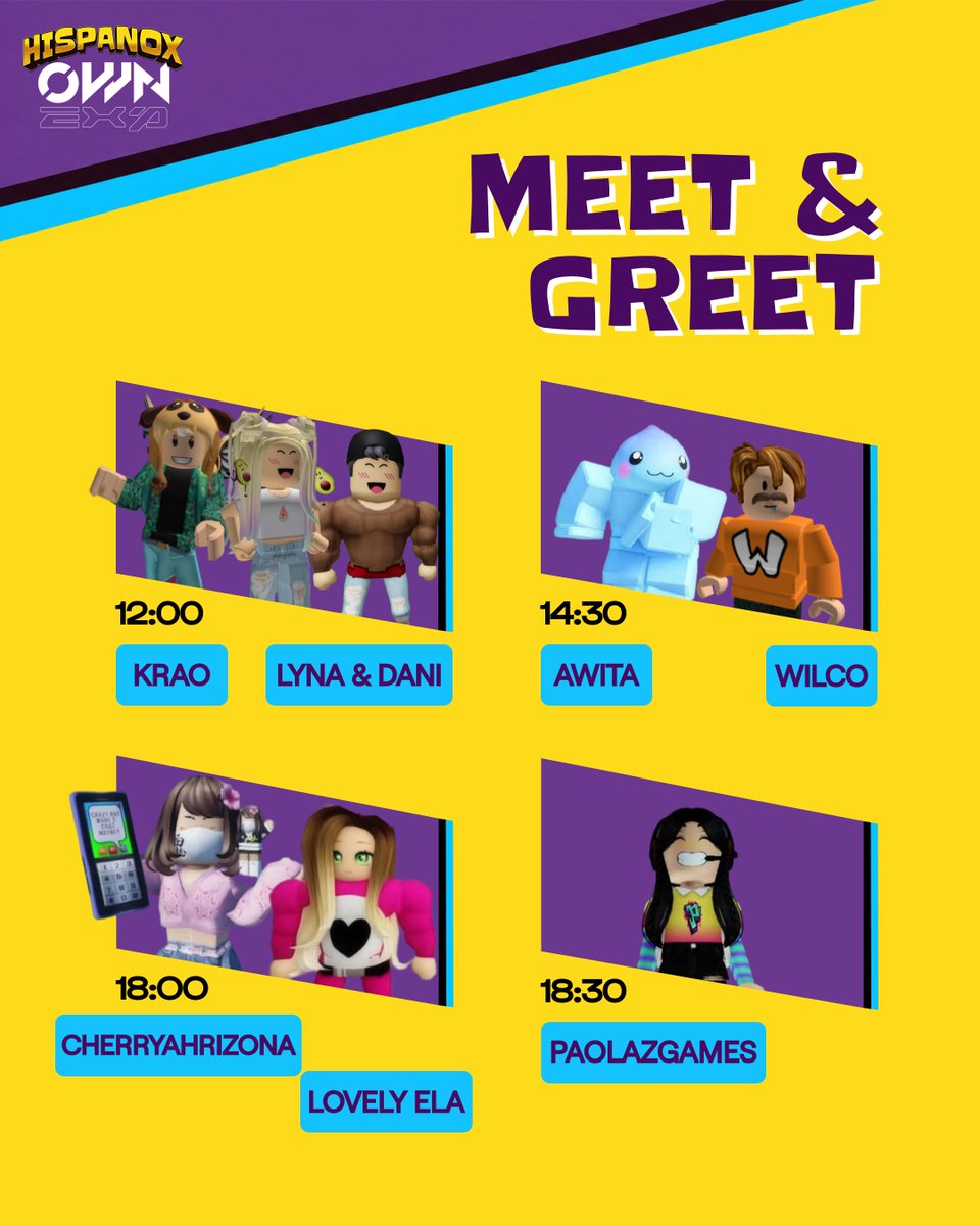 OpenWorldNowcom's tweet photo. Ya tenemos la agenda definitiva de los Meet &amp; Greet con los creadores de Roblox invitados a HispanoX 🌟

¡Reserva ya tu plaza! ⤵️ https://t.co/OLz8Bf2IGE