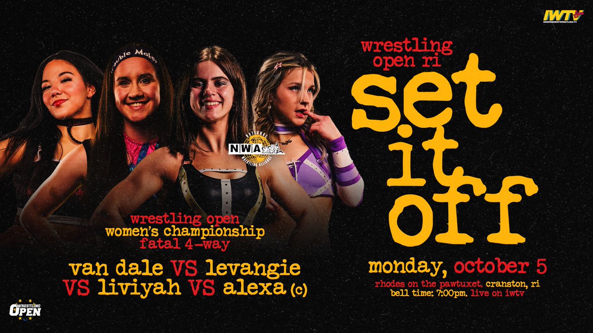 beyondwrestling's tweet photo. TONIGHT: @WrestlingOpenRI streaming LIVE on @indiewrestling at 6:45pm ET!

-@kyliealexxa vs. @liviyahpw vs. @theparisvandale vs. @ShannonLevangie
-@bearbronsonBC &amp; @BobbyCasale vs. @DVN_RNO &amp; @_anthonyvecchio
-@TheBobbyOrlando vs. @ItsDustinWaller
-@TheOxxAdams &amp; @victorious_brg https://t.co/KA9SzpgO8x