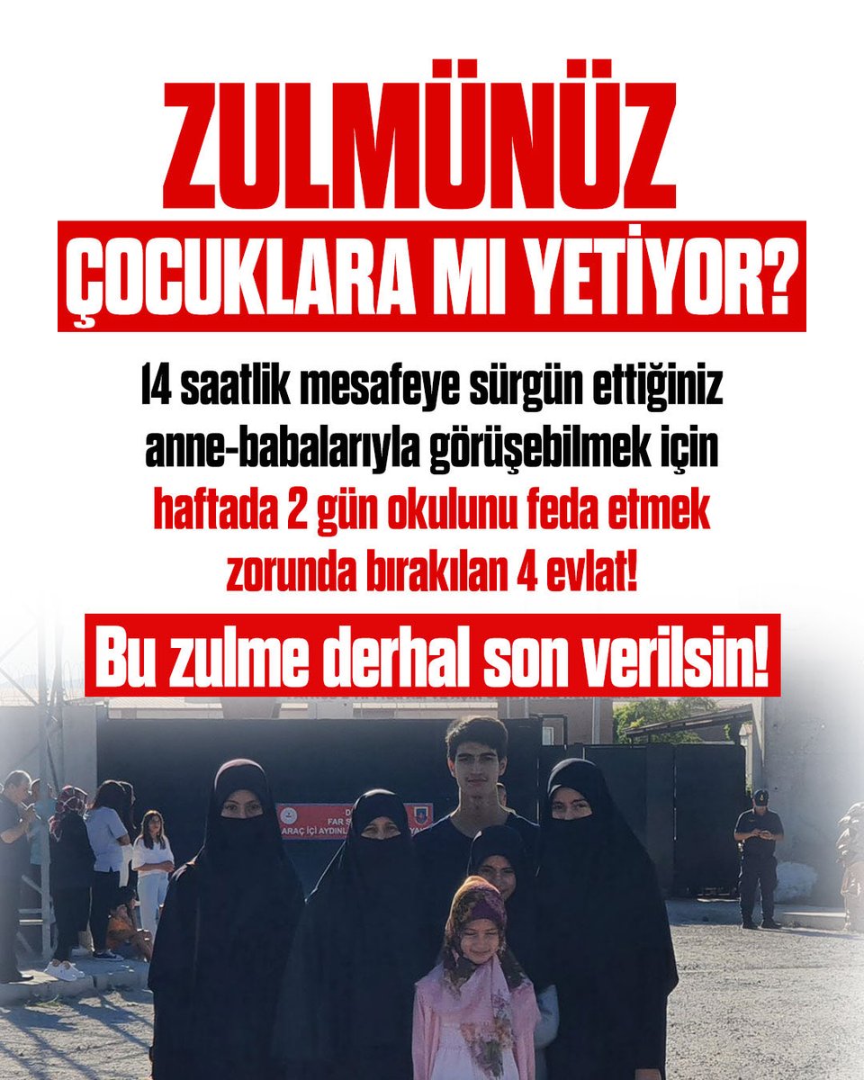 frknhrkti's tweet photo. ZULMÜNÜZ ÇOCUKLARA MI YETİYOR?

14 saatlik mesafeye sürgün ettiğiniz anne-babalarıyla görüşebilmek için haftada 2 gün okulunu feda etmek zorunda bırakılan 4 evlat! 

Bu zulme derhal son verilsin!

#FurkanaSistematikZulüm
Çocuklar OkulundanOlmasın
AlparslanHoca AilesineZulüm