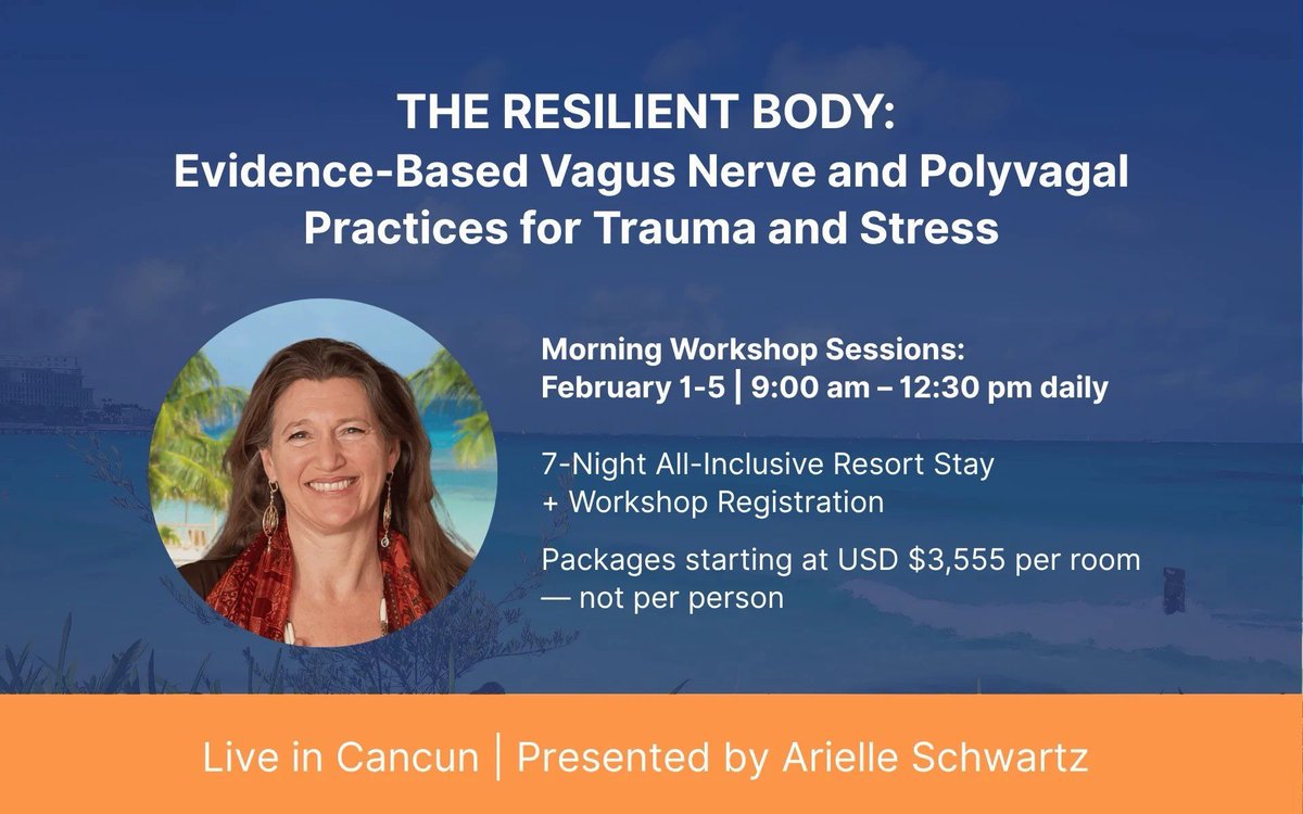 DrAschwartz's tweet photo. Join me in Cancun for an all-inclusive resort experience while expanding your clinical toolkit🌴

This training explores natural Vagus Nerve and Polyvagal Practices for Trauma—no specialized equipment required.

📅Jan 30-Feb 6, 2027
Save your spot now 👉️ https://t.co/UyRiuZZeGd https://t.co/BcD1xsomKD