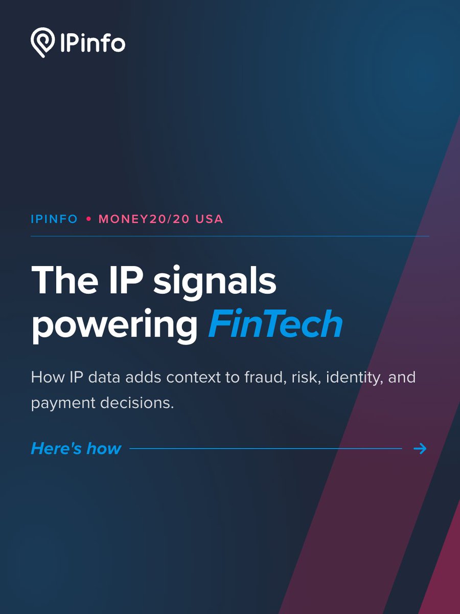ipinfo's tweet photo. FinTech decisions happen fast. IP data adds context to fraud, risk, and payment workflows.

From geolocation and network context to privacy and residential proxy signals, see what FinTech teams can put to work at #Money2020.

📍 Booth 16106
Book a working session: https://t.co/6IImFQ378D

#IPData #FraudPrevention #Payments