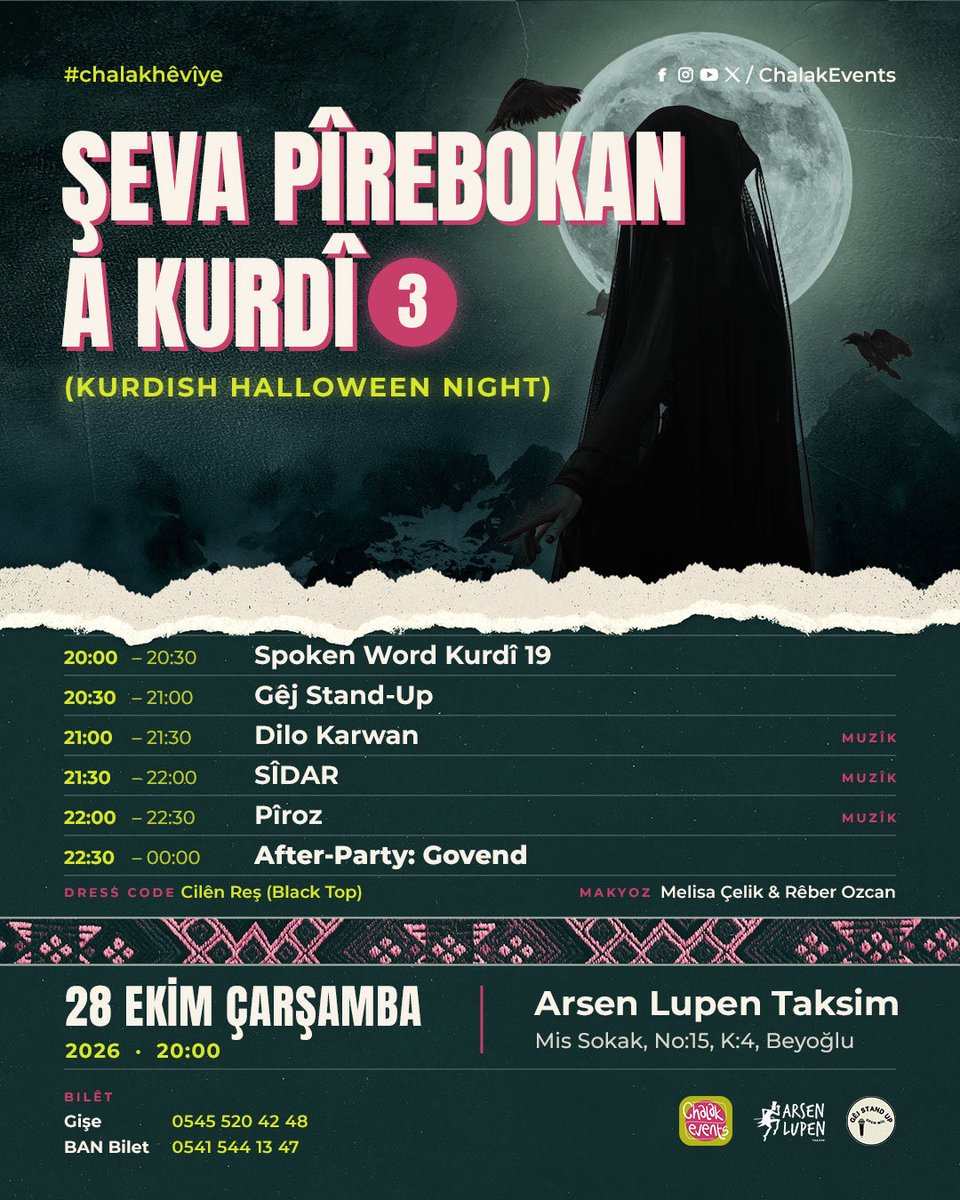 ChalakEvents's tweet photo. We have a packed programme waiting for you: Kurdish Halloween Night 3! 🎃👻🎭🎙🎶✨
#şevapîrebokan #halloweennight #cadılarbayramı #kurdî #chalakhêvîye https://t.co/QDB1P9fpqj