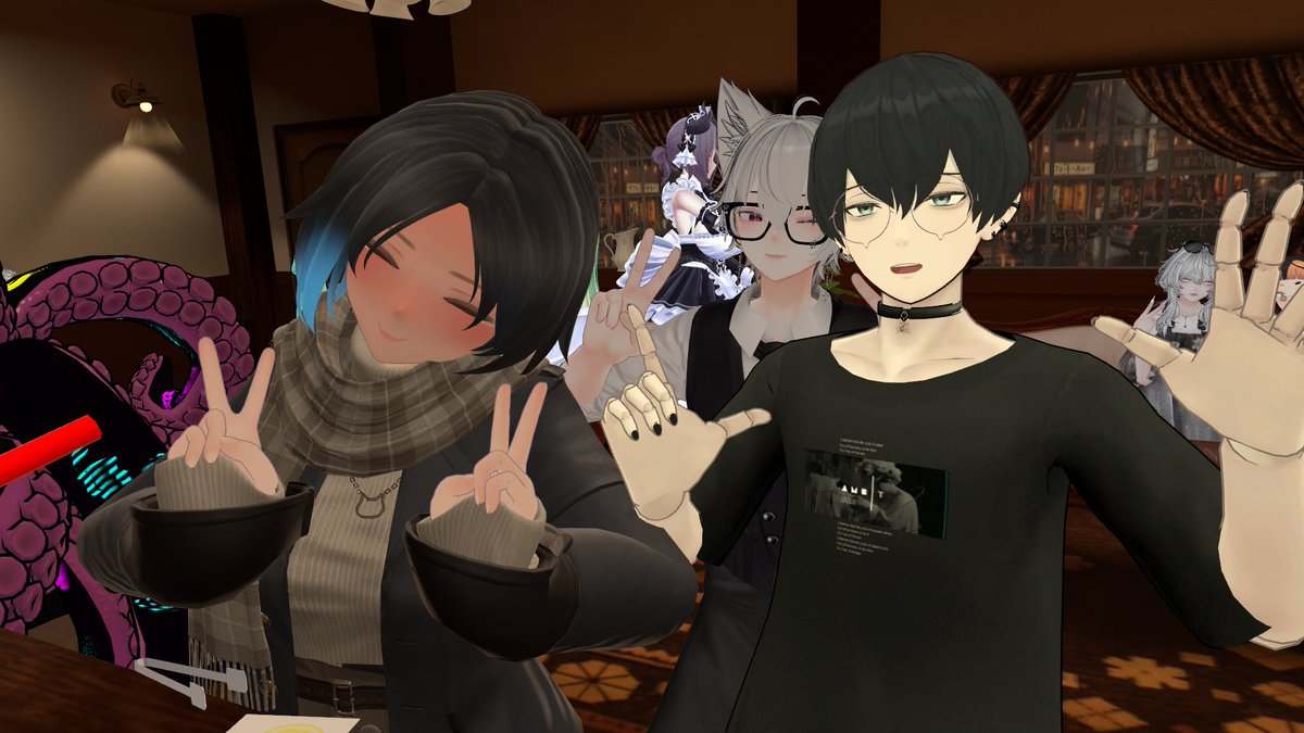 Karin3DL's tweet photo. #CafeHive_VRC 2回目の参加をしてきました!! 
イカに壁ドンされたし、パチンコやハロウィンの改変の話も教えてくれて楽しかった! 
アフターで色んなイベントも紹介してくださって、店長さん、Oldさんとてぃなさんもありがとうございました!! https://t.co/Ob7WXzfz3O