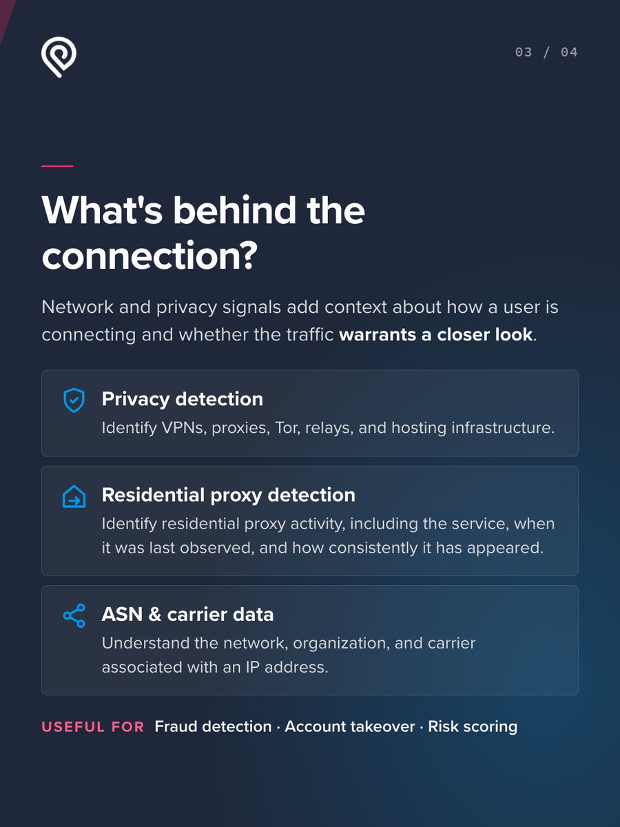 ipinfo's tweet photo. FinTech decisions happen fast. IP data adds context to fraud, risk, and payment workflows.

From geolocation and network context to privacy and residential proxy signals, see what FinTech teams can put to work at #Money2020.

📍 Booth 16106
Book a working session: https://t.co/6IImFQ378D

#IPData #FraudPrevention #Payments