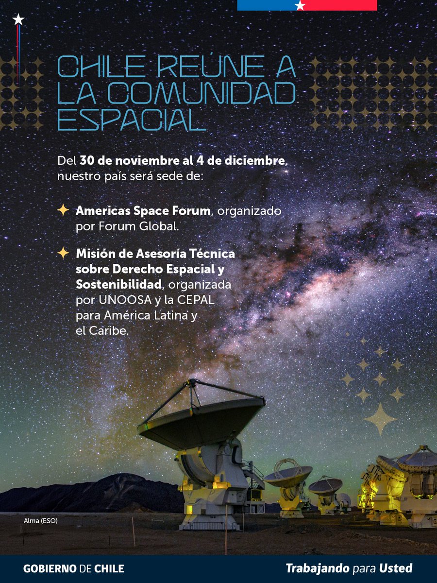 Minrel_Chile's tweet photo. Chile mira al espacio 🔭🇨🇱

En la Semana Mundial del Espacio, Chile impulsa la cooperación internacional, la protección de sus cielos y el desarrollo de tecnología satelital para ampliar el conocimiento del universo y conocer mejor su territorio. https://t.co/oAcK1mVUaV