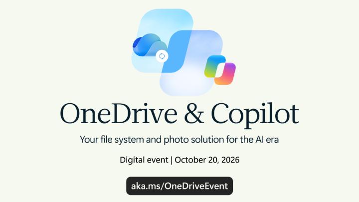 OneDrive & Copilot digital event flyer dated October 20, 2026, promoting 'Your file system and photo solution for the AI era' with link aka.ms/OneDriveEvent.