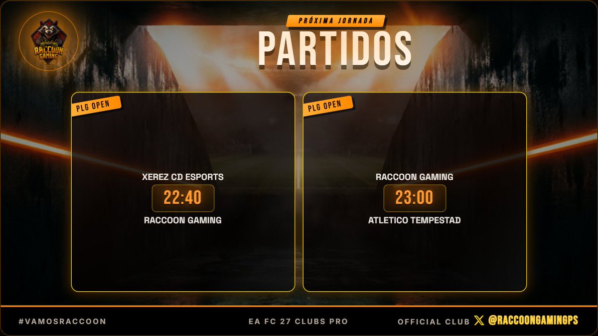 RaccoonGamingPS's tweet photo. Noche de doble envite en la #PLGOPEN de @PLG_Spain para medir de qué está hecha la cueva. Dos batallas seguidas, primero fuera y luego en casa, donde no se regala ni un metro de césped. A apretar los dientes. https://t.co/tu64mudFJA