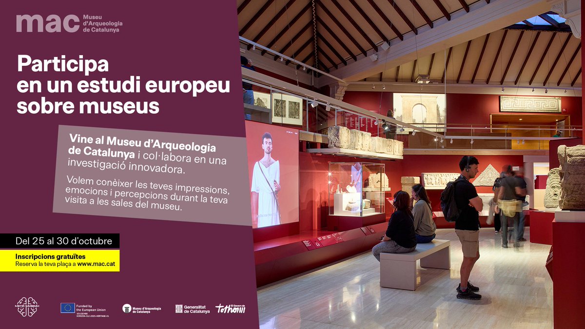 macarqueologia's tweet photo. La teva mirada sobre els museus ens interessa. 👀

Del 25 al 30 d’octubre, participa al #MACarqueologia en el META-MUSEUM, un estudi europeu sobre com ens relacionem amb el patrimoni.

Busquem persones que no visiten museus habitualment.

👉 https://t.co/HsvtaM9hM5 https://t.co/TZu45okxgx