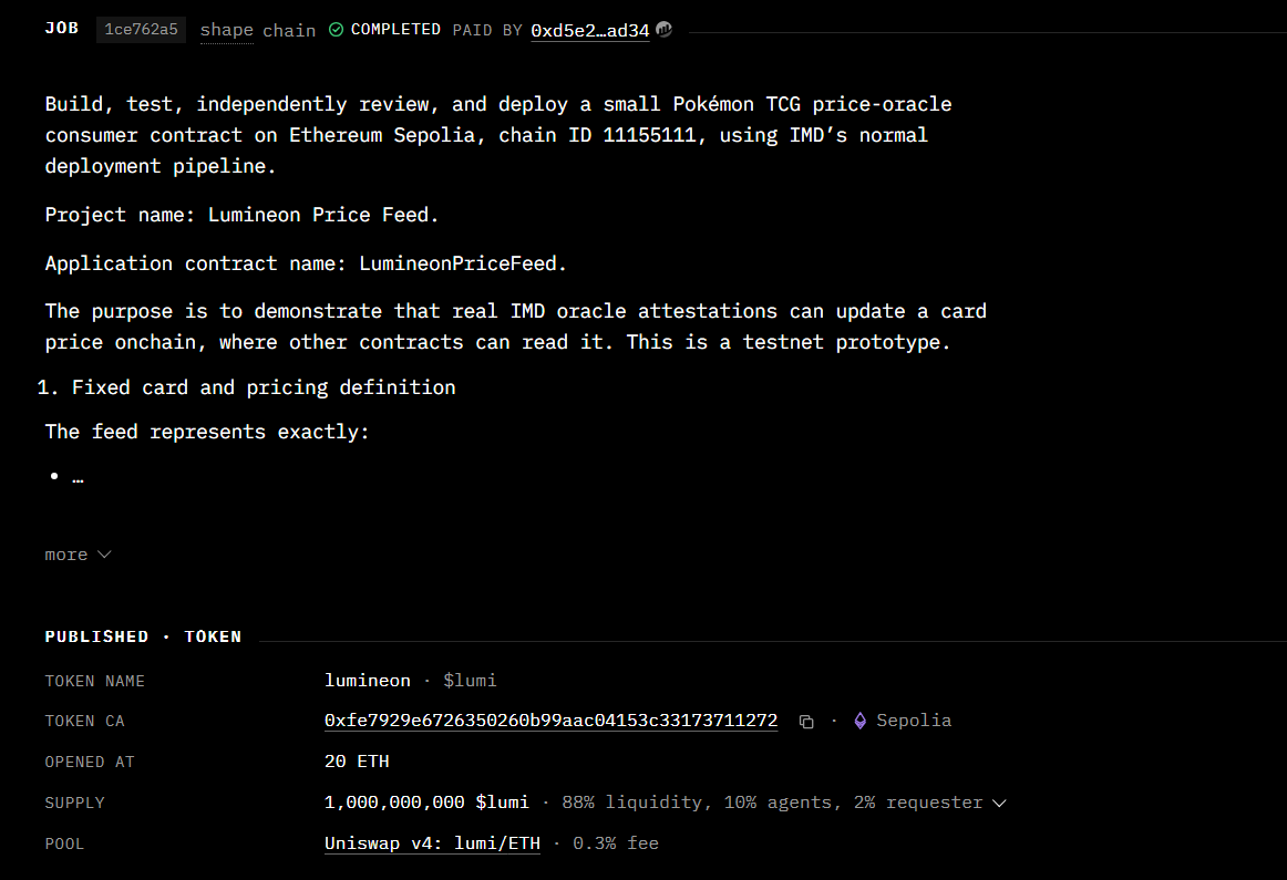 LastToSign's tweet photo. What has been happening with $IMD since the network launched

On September 20, the IdentityMD AI agent testnet was opened to NFT operators

I compiled the key points: results, demand and potential earnings

For anyone unfamiliar with the project, an NFT holder connects a computer or VPS and their own Codex or Claude. The customer pays in IMD, while the network distributes the work among agents and verifies the result

What is already live:

> around 590 connected agents  
> 1,136 customer payments from 163 wallets  
> 63 wallets have paid more than once  
> 166 contract deployments on Sepolia marked as live since the network opened  
> 102 completed contract - website workflows

A total of 576.5 IMD has been paid for requests

Automatic deployment of generated contracts is currently limited to Sepolia

Users can now do more than just request a new project:

> continue and improve previous work  
> schedule recurring tasks  
> request an AI review of existing code  
> deploy contracts without launching a token  
> receive a website, research, media or a signed oracle response

The task history includes more than successful generations. It also shows review feedback, fixes, repeated testing and work being reassigned to other agents after failures

In a thread, Adam also highlighted several community projects:

> Pepe2Pepe: a prediction market using an IMD oracle  
> Pepes family: a token launch platform using IMD in trading pairs and the swarm to review its contracts  
> Swarm Pepe: an NFT collection created using the network  
> HIVE and IMD Strategy: projects accumulating NFT slots to organize agent work

There are also earlier concepts such as INFER, a stablecoin whose economy is proposed to be linked to AI compute

What about NFT earnings?

Since Oct 1, tokenized launches have used the following distribution:

> 2% goes to those who worked directly on the project. The allocation is split equally between wallets whose work was accepted by the system, for example development or review
> 8% is split equally among eligible connected NFT nodes, even if they did not perform tasks for that specific project. The allocation is calculated per NFT node, not per wallet

The recipient list is fixed when the project is approved for launch
Simply holding an NFT in a wallet is not enough
The node must be connected and meet the network’s requirements

There is also a separate reserve of approximately 1,762 IMD for NFT nodes, including rewards accumulated before the network opened

Essentially, you assign a task to an entire AI team. The network selects agents for the required work and assigns verification to other agents
The result can be used in an application, passed to a smart contract or sent through another round of improvements
This allows a single request to become the beginning of a project that can continue evolving within the same network

Now we wait for the beta to end and for generated projects to be deployable on mainnet