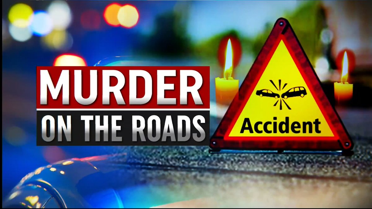 The image shows a graphic titled "MURDER ON THE ROADS" in bold red and white lettering, paired with a yellow triangular warning sign depicting a car crash and labeled "Accident," set against a backdrop of blurred emergency lights and lit candles—evoking a somber tone that underscores the post's "#CitizenMondayReport" about road fatalities.