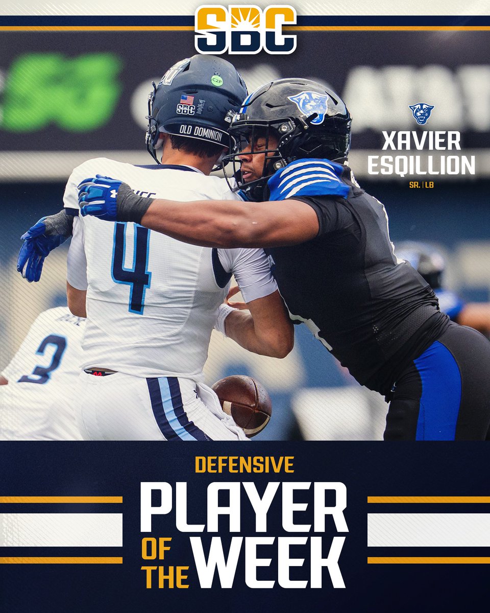 SunBelt's tweet photo. 𝗣𝗔𝗡𝗧𝗛𝗘𝗥 𝗢𝗡 𝗧𝗛𝗘 𝗣𝗥𝗢𝗪𝗟.

@Xavieresq17 cards a @GeorgiaStateFB single-game record 3 sacks, as the Panthers defense allows just 146 yards of total offense, to earn the @SunBeltFB Defensive Player of the Week award. ☀️🏈

📰 » https://t.co/RUBicynFuM https://t.co/P2e5BRrr4U