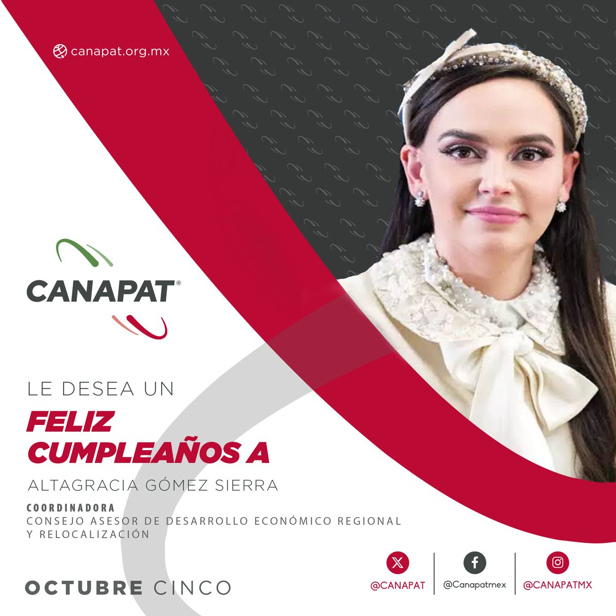 CANAPAT's tweet photo. Desde la #CANAPAT felicitamos a la Lic. Altagracia Gómez Sierra con motivo de su cumpleaños.

¡Enhorabuena! 
 
@AltagraciaGome https://t.co/Sq3VGfcfrQ