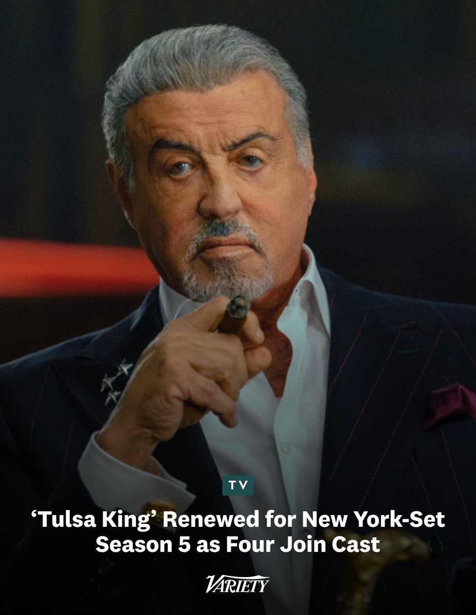 Variety's tweet photo. “Tulsa King” has been renewed for Season 5 at Paramount+:

• The new season, announced ahead of the Season 4 premiere on Oct. 16, will take place in New York

• Joining the cast are Erik Palladino (“I Play Rocky”), Glenn Fleshler (“Billions”), Anthony Skordi (“The Last Frontier”) and Nickola Shreli (“Power Book IV: Force”).

https://t.co/coRsvIWGmz