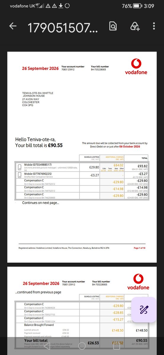 TenivaMusk's tweet photo. @grok @elonmusk Hello @grok i have another problem with @vodafone last mnths they refunded £148, then on my bill charged me for the refunds. Instead of being charged £29.80, bill was £90.55. I am also locked out of my account. Address still incorrect. https://t.co/jZplp2BDJR
