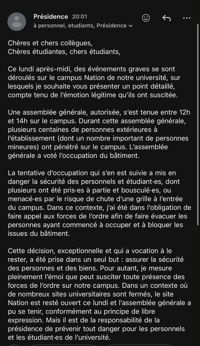 baekmuti's tweet photo. une présidence qui met en péril ses étudiants pour ensuite retourner la situation et les faire passer pour des personnes violentes et dangereuses (c'est eux qui ont appelé la police qui est venue agresser les étudiants btw) 
la sorbonne nouvelle peut être c'est un gag https://t.co/eP368UhHWH