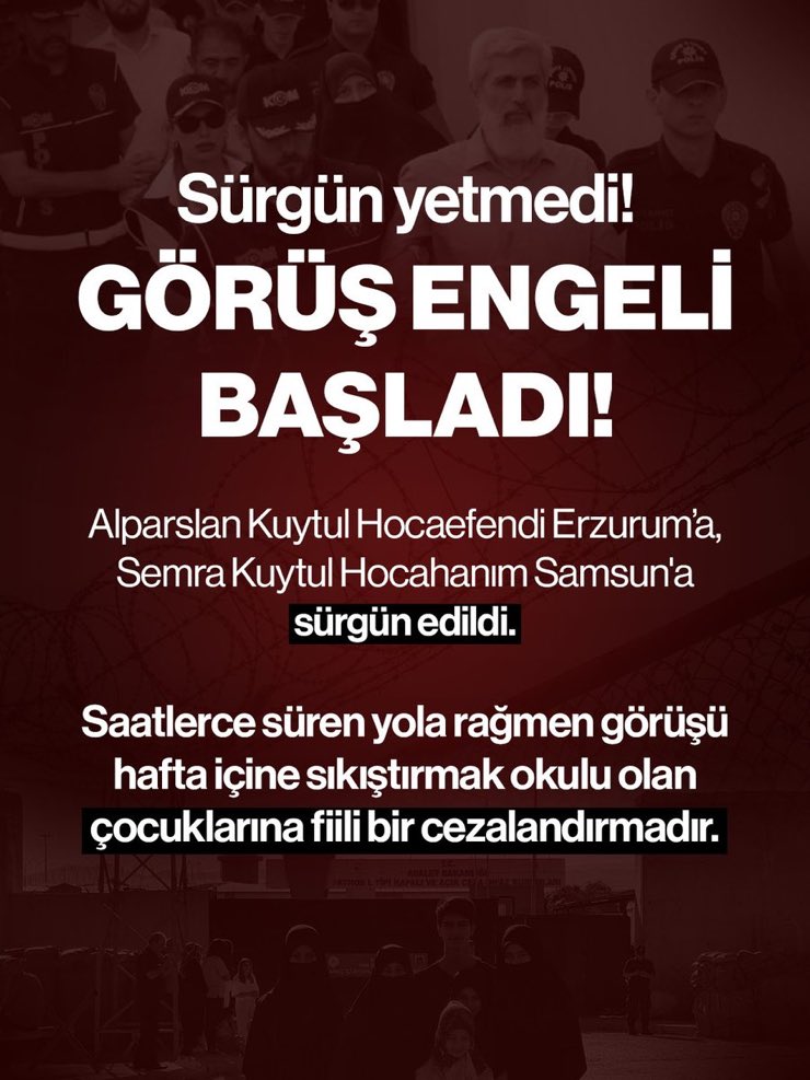 furkanhmersin's tweet photo. Alparslan Kuytul Hocaefendi Erzurum’a, Semra Kuytul Hocahanım Samsun'a sürgün edildi. Saatlerce süren yola rağmen görüşü hafta içine sıkıştırmak okulu olan çocuklarına fiili bir cezalandırmadır.

#FurkanaSistematikZulüm
Cocuklar OkulundanOlmasın
AlparslanHoca AilesineZulüm https://t.co/NP5N1Y3qeq