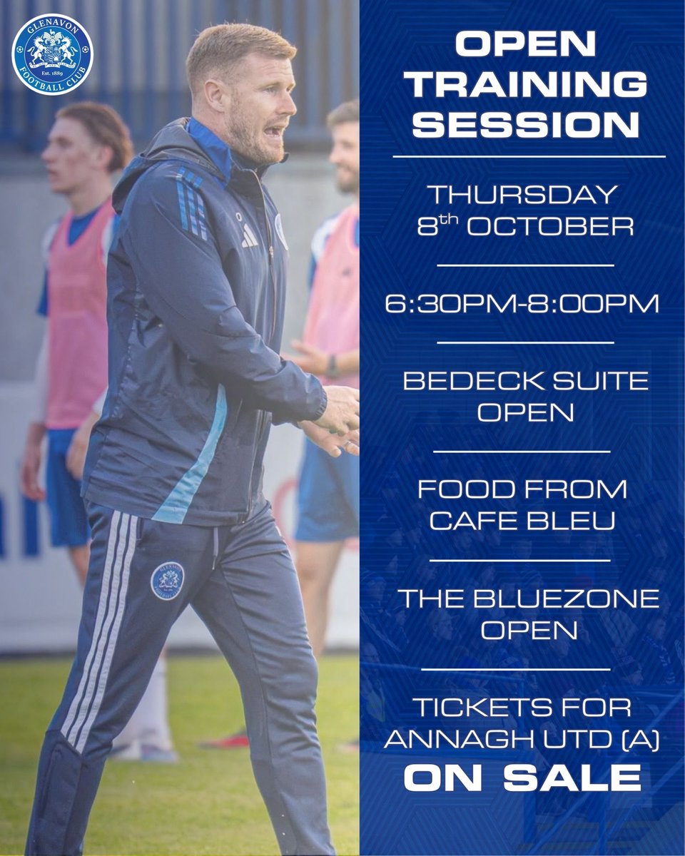 Glenavon_FC's tweet photo. 𝗙𝗔𝗡 𝗘𝗩𝗘𝗡𝗧 | 𝗢𝗣𝗘𝗡 𝗧𝗥𝗔𝗜𝗡𝗜𝗡𝗚 𝗦𝗘𝗦𝗦𝗜𝗢𝗡

Fans are invited to an open training session before our crucial #BOYLESportsChamp game vs Annagh Utd

🕡6:30-8:00PM
📅Thurs 8th Oct
👕The BlueZone
🍔Cafe Bleu
🍺Bedeck Suite
🎟️Annagh Tickets on sale

#BeJustAndFearNot https://t.co/XHehCOIFjm