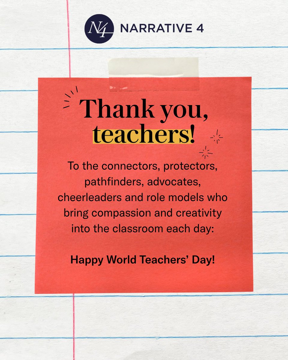 narrative4's tweet photo. Thank you, teachers! ✏️💭

At the very core of Narrative 4's work is an incredible network of educators working to create compassionate, connected classrooms where every student feels heard and understood. We're inspired every day by your work.

Happy World Teacher's Day! 💜 https://t.co/6HOlqzqTIQ