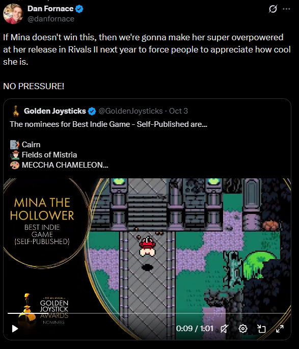 teox1759's tweet photo. Mina The Hollower devs said if they don't win Mina will get overpowered in Rivals of Aether 2, Edmund replies saying if Mewgenics doesn't won he'll kill himself

#heartwarming https://t.co/4U7vpeQ3Yi
