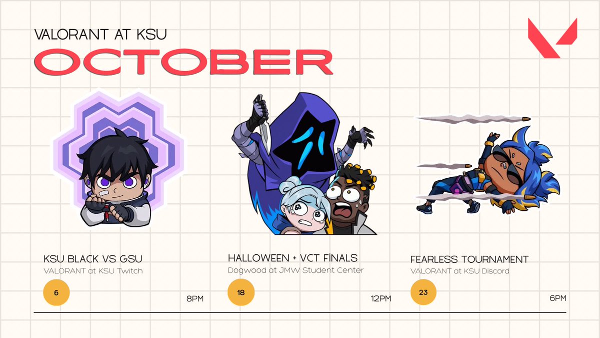 VALORANTatKSU's tweet photo. 🎃 SPOOKY SEASON 🎃

see what we have going on this month !! make sure to join our discord for any updates as well :) https://t.co/cXpc13HpvY