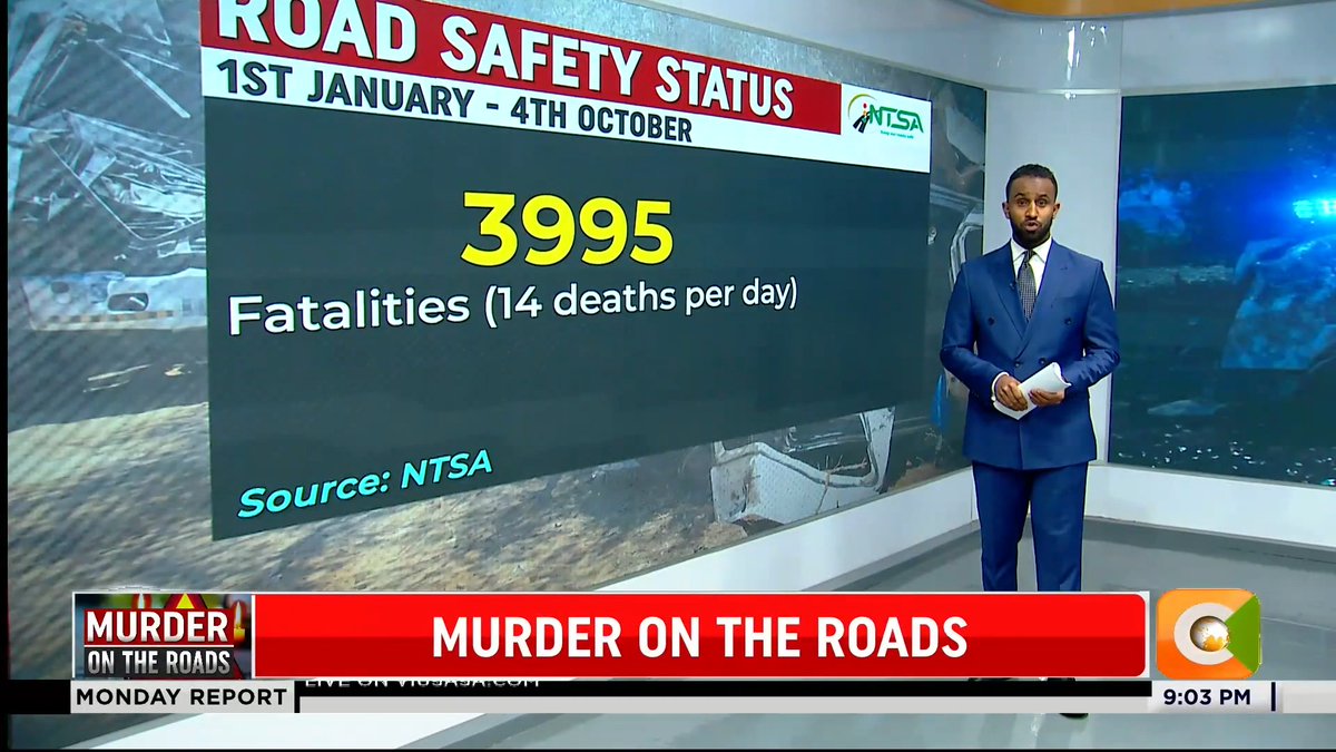 A news anchor in a blue suit stands in a studio presenting a "Road Safety Status" report from NTSA, displaying a sobering statistic of 3,995 fatalities (14 deaths per day) from January 1st to October 4th, alongside a "Murder on the Roads" ticker and Citizen TV's Monday Report branding at 9:03 PM, visually reinforcing the post's urgent message about Kenya's deadly road crisis.