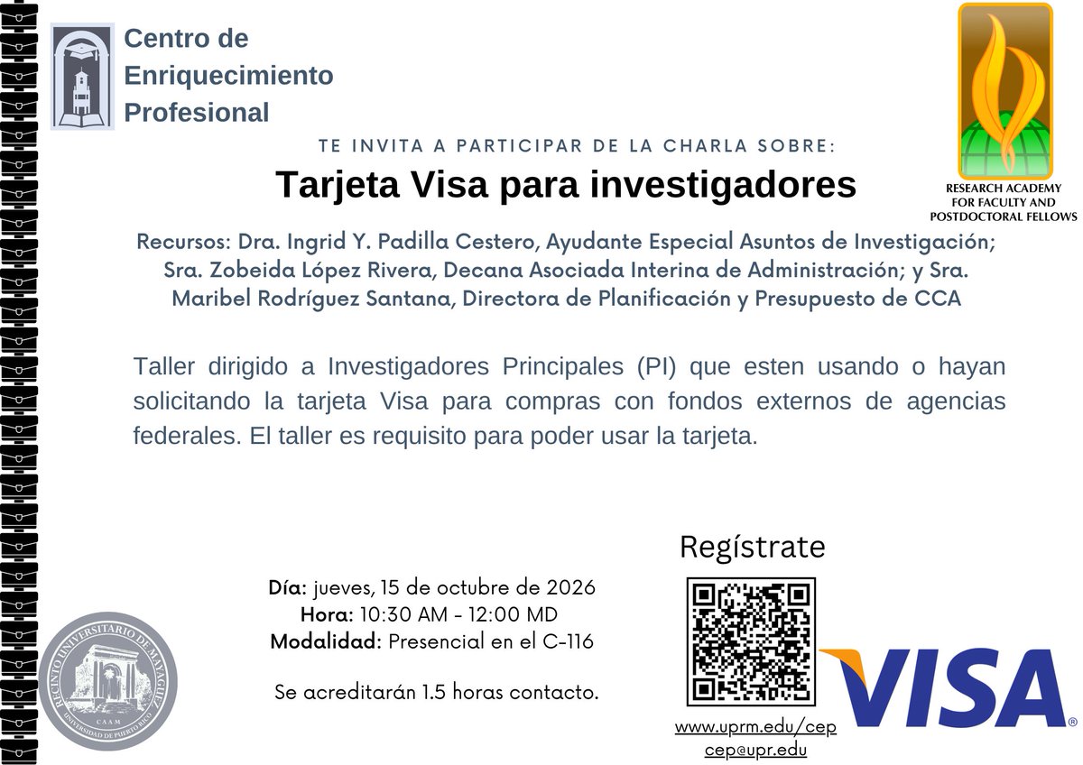 CEP_RUM's tweet photo. 💳 Charla: Tarjeta Visa para Investigadores
📅 15 oct. 2026
🕥 10:30 AM - 12:00 MD
📍 C-116
👥 Presencial
🎤 Dra. Ingrid Y. Padilla Cestero, Sra. Zobeida López Rivera y Sra. Maribel Rodríguez Santana.
⏱️ 1.5 horas contacto

#UPRM #Investigación #CEP https://t.co/NPwUv10Yi3