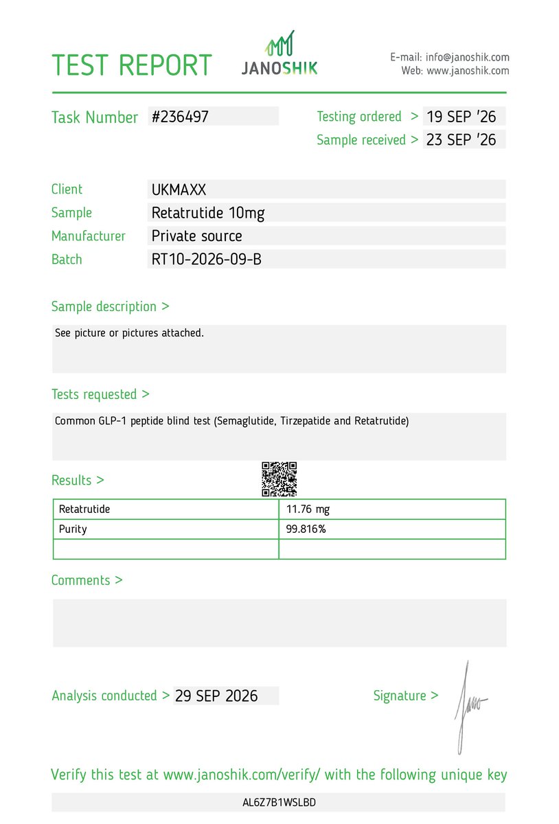 Sarahq7a's tweet photo. #peptides
Retatrutide 10mg — RT10-2026-09-B

🧬 11.76mg measured
🔬 99.816% purity
✅ Blind GLP-1 identification
🧪 Independently tested by Janoshik https://t.co/5H0VoUoKYX