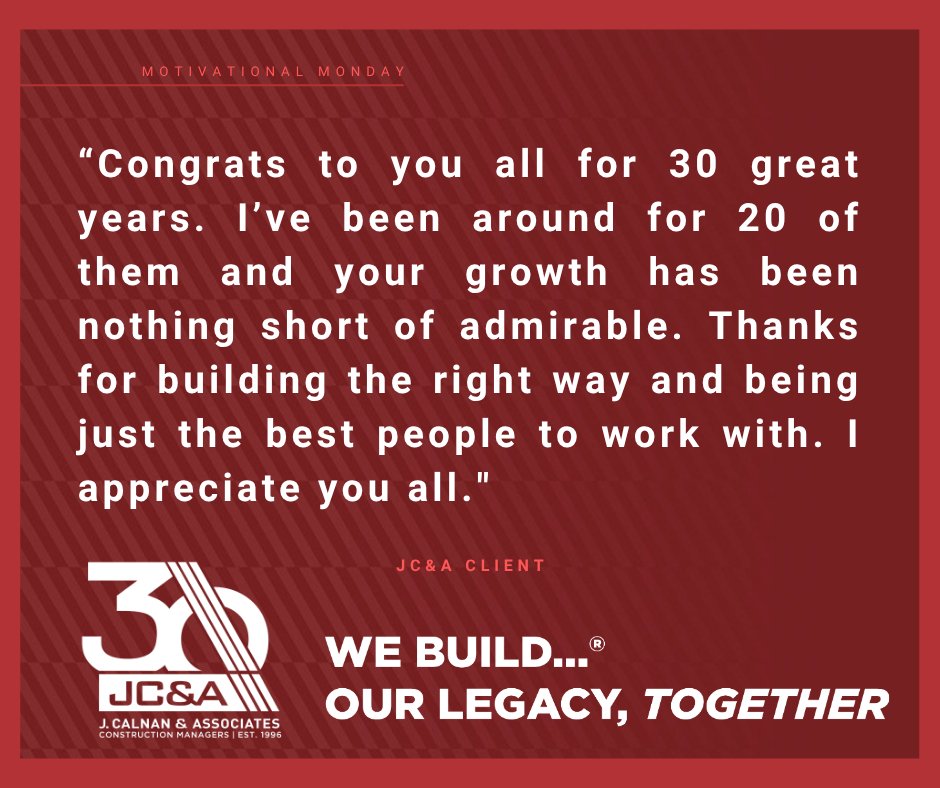 JCAbuilds's tweet photo. We Build…® Our Legacy, Together

As we celebrate our 30th anniversary, we have been reflecting on the incredible legacy that we have built together with our clients, friends, teammates and partners. We are so excited to see what the next 30 years have in store!

Check out this kind note from one of our clients: