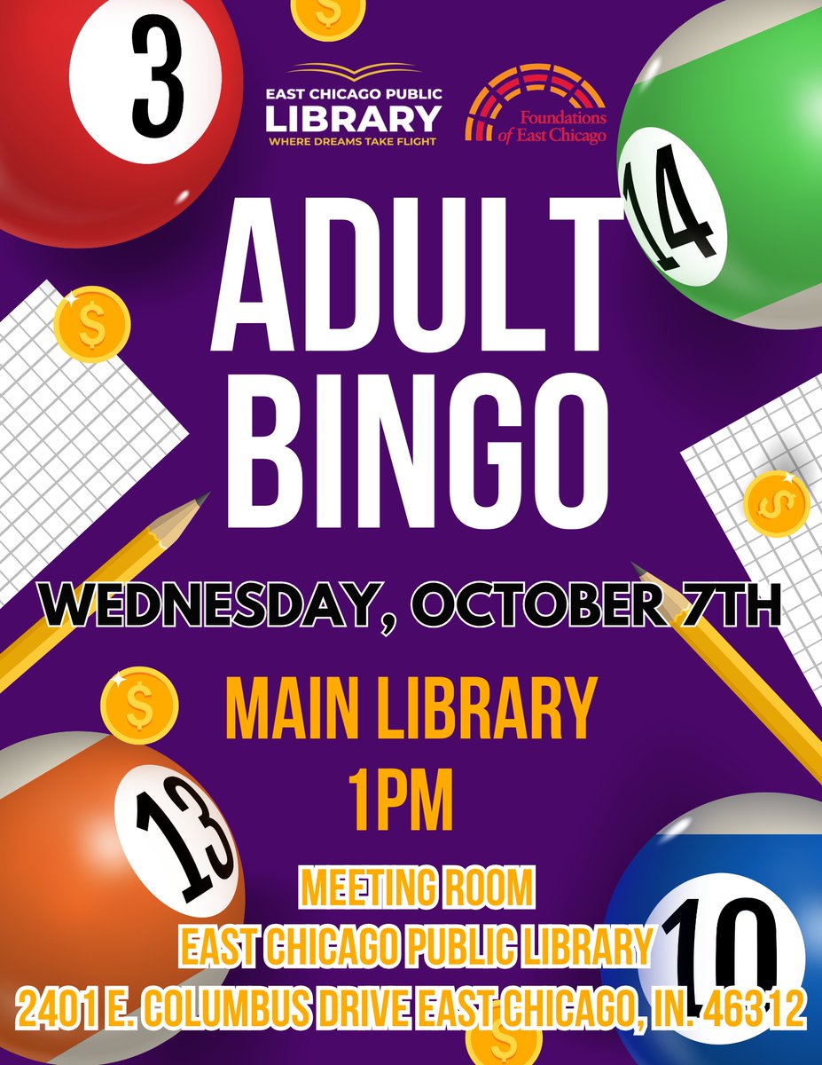 ECPublicLibrary's tweet photo. ~Adult Bingo at the East Chicago Public Library~

Enjoy an friendly competition, fun prizes, and refreshments while playing your favorite game. Please note that prizes are non-cash.
- Wednesday @ 1:00 PM
- Main Library - Meeting Room https://t.co/O2O6Gh9i7i