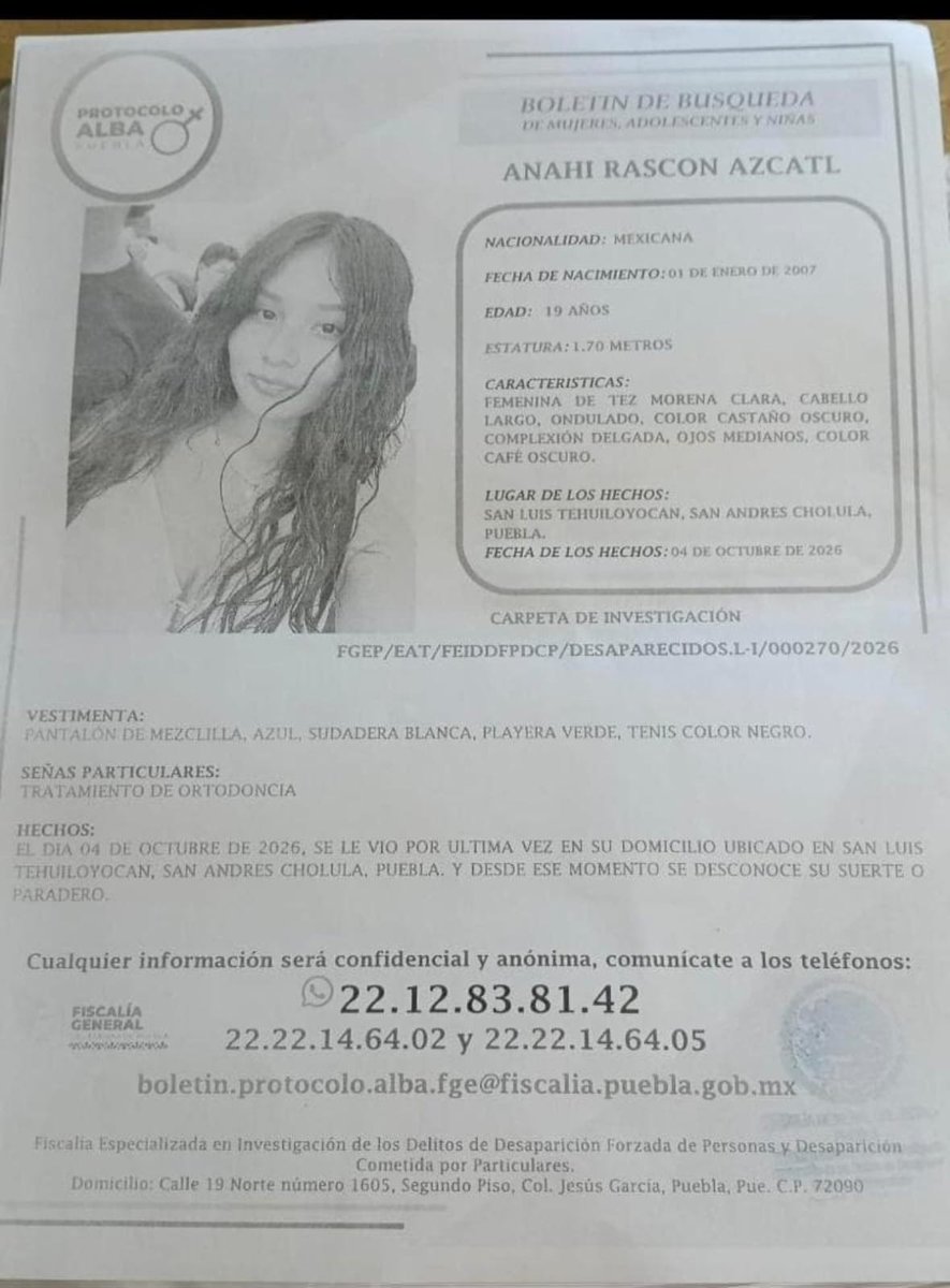 JCarlos_Valerio's tweet photo. #ServicioSocial || Ayuda para localizar a Anahi Rascón Azcatl, de 19 años de edad. 

Fue vista por última vez el 4 de octubre en San Luis Tehuiloyocan, San Andrés Cholula. 

#Puebla https://t.co/r6mhroOzPS
