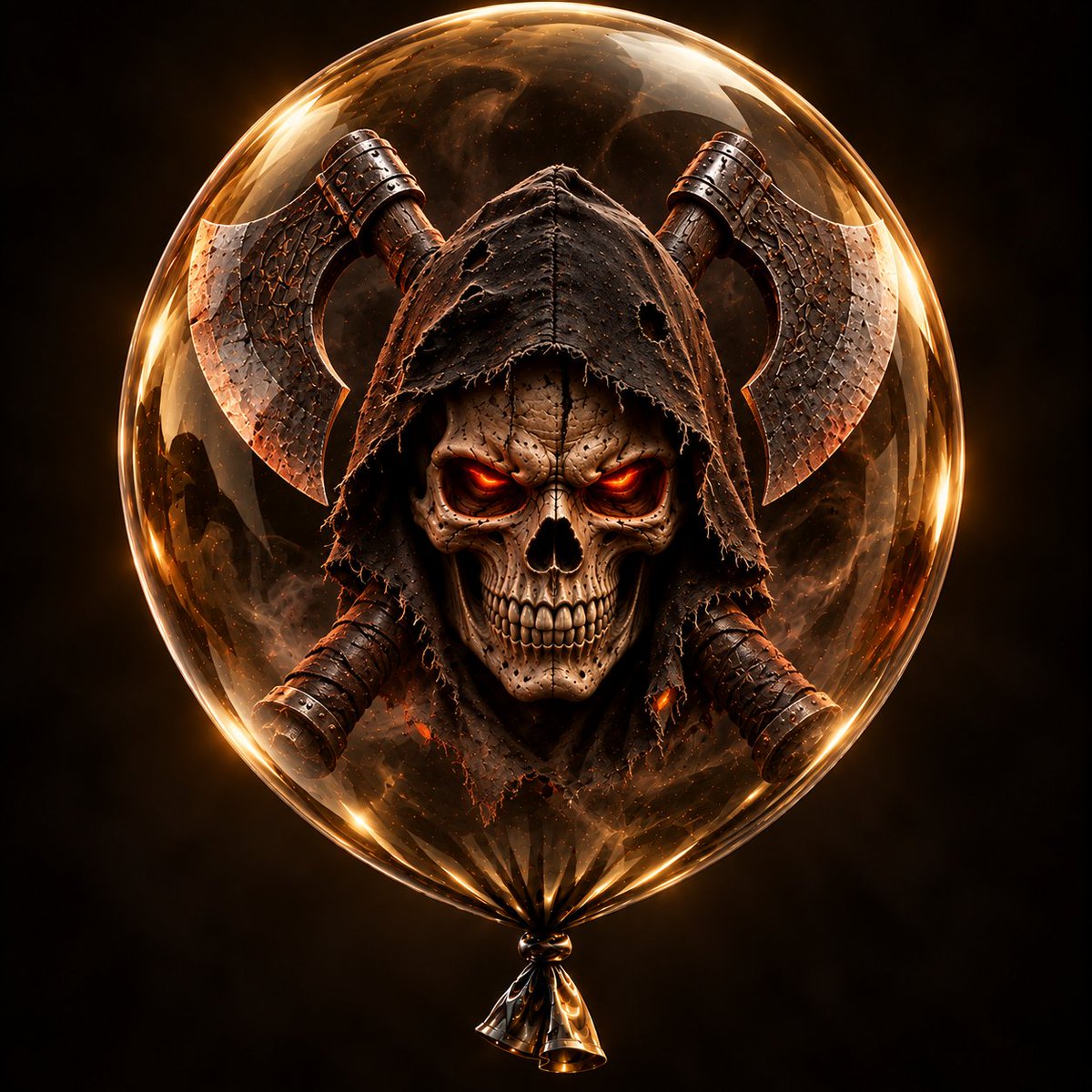 Balloonaxis's tweet photo. Same Head. Different Stories.
Introducing H028 — The Executioner.
A hooded skull with glowing eyes, enclosed inside an amber-gold balloon and framed by twin executioner's axes.
SKULL BALLOON.
#SkullBalloon #NFT #Executioner https://t.co/8XxgpHwlpA