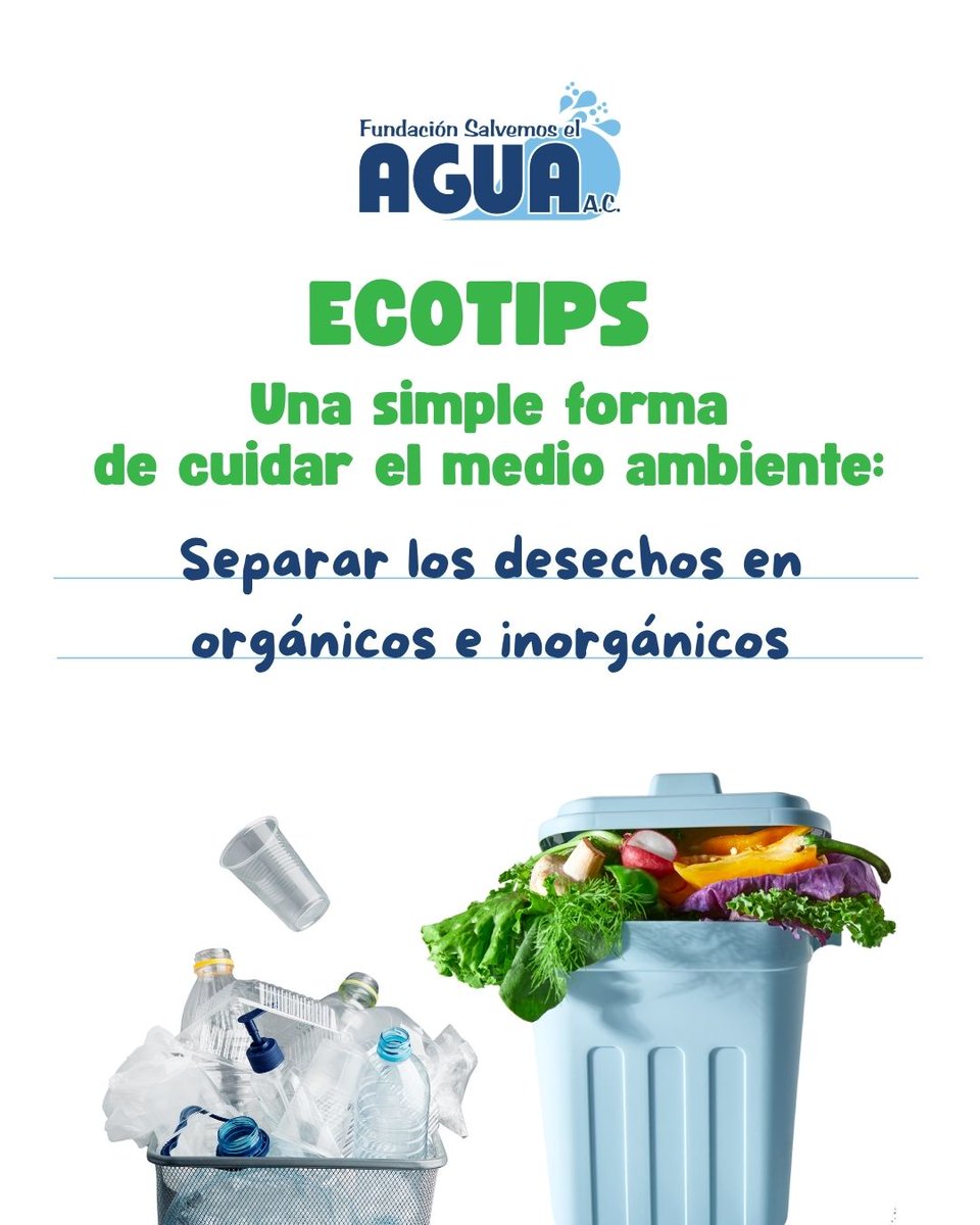 salvemoselagua's tweet photo. Separar nuestros residuos: un compromiso con el medio ambiente y nuestra sociedad.
Una correcta gestión de los desechos comienza en el hogar. Clasificar nuestros residuos en organicos e inorgánicos es una acción sencilla que genera un impacto importante #ecotips #reciclar https://t.co/A56Y0eSxYE