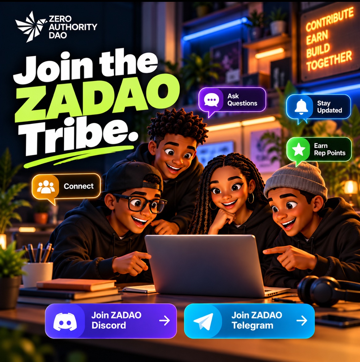 zeroauthdao's tweet photo. The Zero Authority DAO Tribe is more than another Telegram or Discord group.

It’s where you can:

🤝 Meet fellow contributors
💬 Talk with the ZADAO team
❓ Get help when you’re stuck
💡 Share ideas & feedback
🔔 Catch on-chain updates with NovaBot AI
⭐ Earn rep points for being active
🏆 Get recognized for your contributions

Don’t build your ZADAO journey alone. 🟧