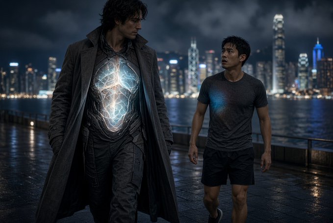 A cinematic still showing two figures walking along a waterfront at night, with the taller figure in a long dark coat displaying glowing cracks of light on his chest.