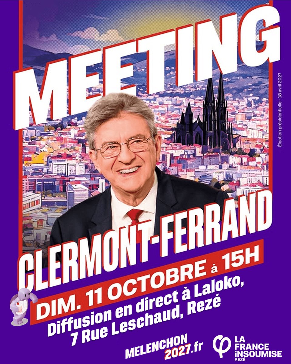 LFI_44's tweet photo. 📺 Venez rencontrer les militant•es de Rezé et des alentours ce dimanche à 15h lors de la diffusion en direct du meeting de #Mélenchon2027 à Clermont-Ferrand !

📍 Laloko, 7 rue Leschaud à Rezé
🍻 Boissons sur place https://t.co/VIzzb3otP4