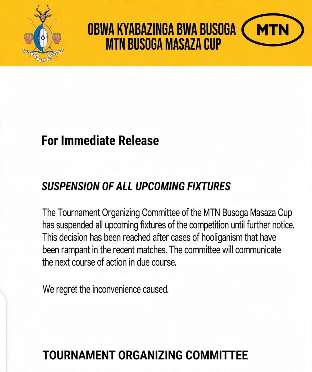 FirelightUg's tweet photo. MTN Busoga Masaza Cup Suspended by the organizing committee due to hooliganism in the tournament https://t.co/xmcIDHC3AK