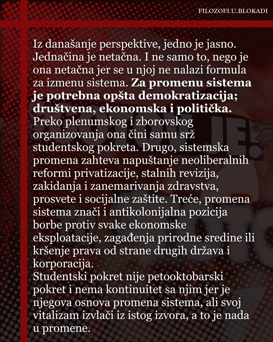 FFUBublokadi's tweet photo. Да ли и у којој мери данашњи студентски покрет наставља политичко наслеђе Петог октобра?

Које поуке из искуства Петог октобра треба сачувати, а које грешке би нови покрет морао да избегне?

О овој теми се често говори у јавности, а на нека од тих питања већ смо дали одговор. ⬇️ https://t.co/n2wb6dbeUh