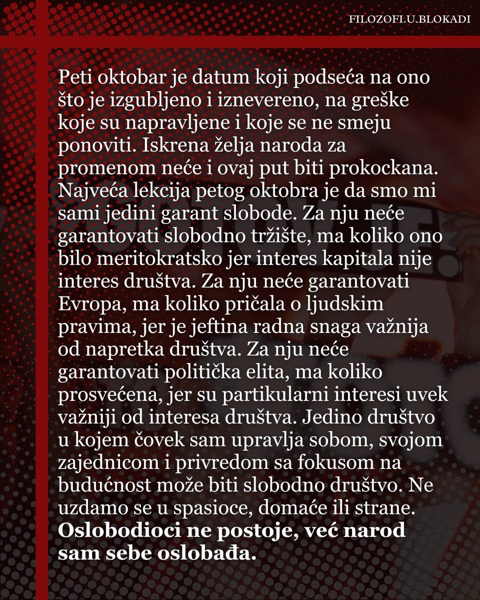 FFUBublokadi's tweet photo. Да ли и у којој мери данашњи студентски покрет наставља политичко наслеђе Петог октобра?

Које поуке из искуства Петог октобра треба сачувати, а које грешке би нови покрет морао да избегне?

О овој теми се често говори у јавности, а на нека од тих питања већ смо дали одговор. ⬇️ https://t.co/n2wb6dbeUh