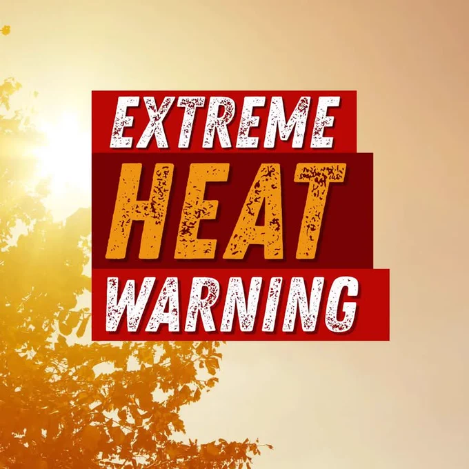 Photo of sun on a hot day. Foreground text reads: Extreme heat warning