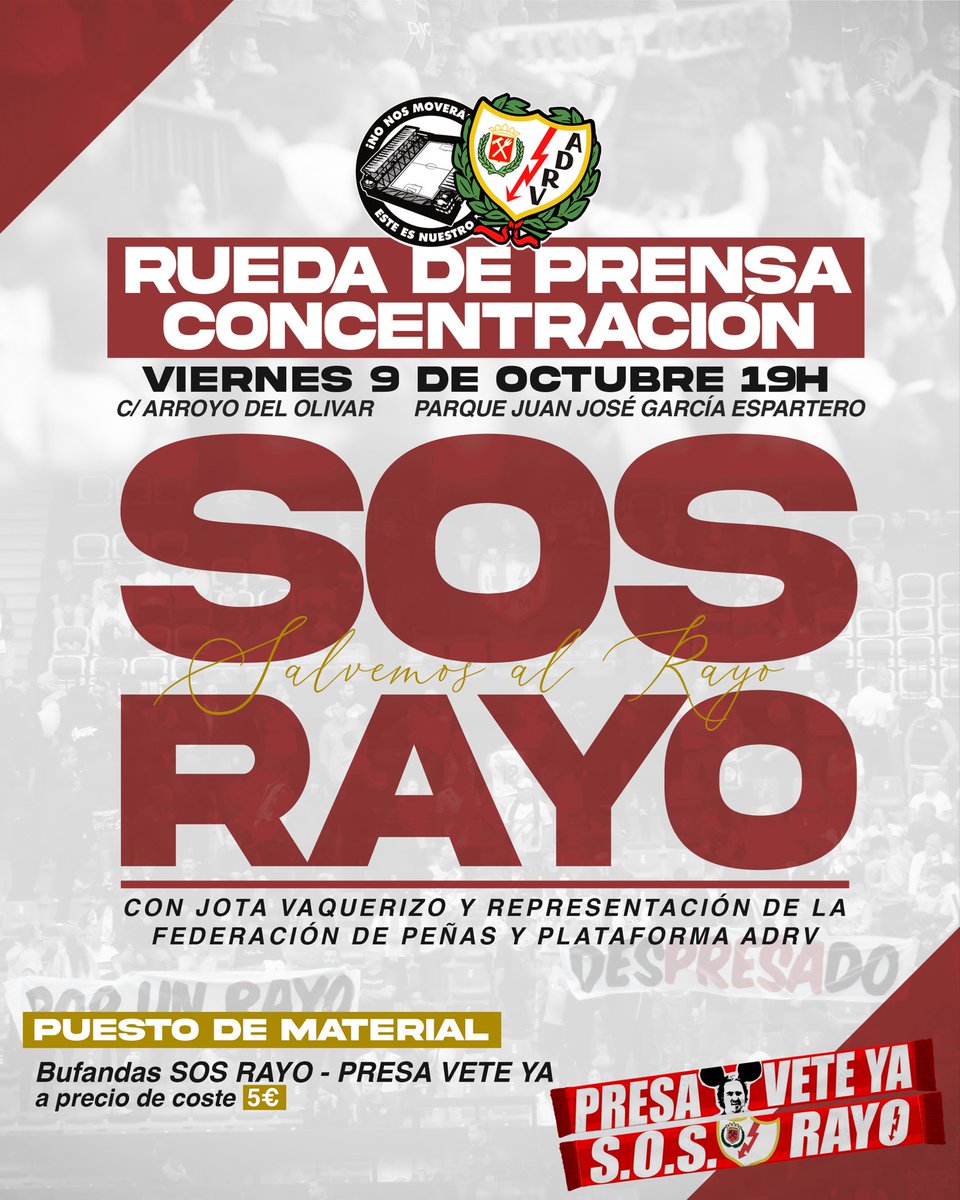 plataformaADRV's tweet photo. Las mentiras y manipulaciones se rebaten con hechos y transparencia.

Convocamos a una rueda de prensa al Rayismo y medios este viernes a las 19h en el Parque Juan José García Espartero junto a @JotaVaquerizo.

No pararmeos hasta desPRESAr Vallekas de su dictador de Hacendado. https://t.co/JsYHWSwwkF