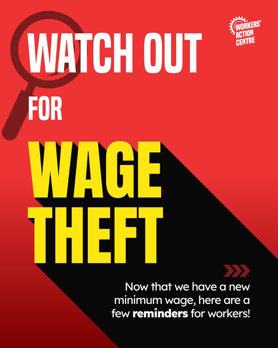 WorkersAC's tweet photo. Being paid less than minimum wage? ⚠️ That’s WAGE THEFT! ⚠️

Now that we have a new #minimumwage, here are a few reminders for your next paycheque.

1. Adult employees cannot be paid less than the general minimum wage of $17.95.
2. You cannot sign away your rights.
3. Only young students get paid less than the general minimum wage ($16.90).
4. Minimum wage applies to all workers, regardless of immigration status.

If you think you are experiencing wage theft or are unsure, 📞 call the Workers’ Action Centre at (416) 531-0778.