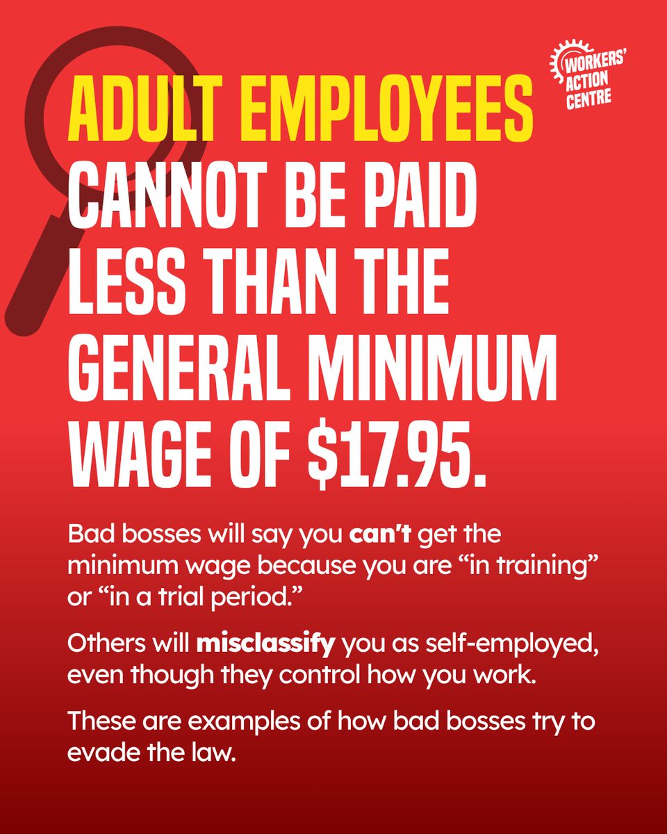 WorkersAC's tweet photo. Being paid less than minimum wage? ⚠️ That’s WAGE THEFT! ⚠️

Now that we have a new #minimumwage, here are a few reminders for your next paycheque.

1. Adult employees cannot be paid less than the general minimum wage of $17.95.
2. You cannot sign away your rights.
3. Only young students get paid less than the general minimum wage ($16.90).
4. Minimum wage applies to all workers, regardless of immigration status.

If you think you are experiencing wage theft or are unsure, 📞 call the Workers’ Action Centre at (416) 531-0778.