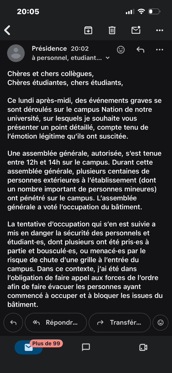 shinigamind's tweet photo. le communiqué du président de la sorbonne nouvelle mdr donc l’occupation de la fac c’est dangereux mais pas les CRS qui gazent, nassent et agressent les gens ? il reconnait seulement l’émoi que peut provoquer la PRÉSENCE des CRS sur le campus mais aucun mot sur leur violence hein https://t.co/b4eBTL8aML