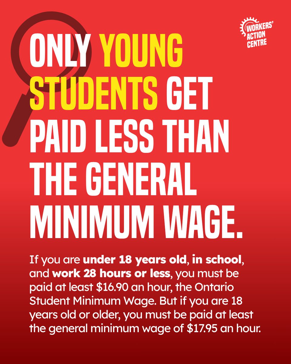 WorkersAC's tweet photo. Being paid less than minimum wage? ⚠️ That’s WAGE THEFT! ⚠️

Now that we have a new #minimumwage, here are a few reminders for your next paycheque.

1. Adult employees cannot be paid less than the general minimum wage of $17.95.
2. You cannot sign away your rights.
3. Only young students get paid less than the general minimum wage ($16.90).
4. Minimum wage applies to all workers, regardless of immigration status.

If you think you are experiencing wage theft or are unsure, 📞 call the Workers’ Action Centre at (416) 531-0778.